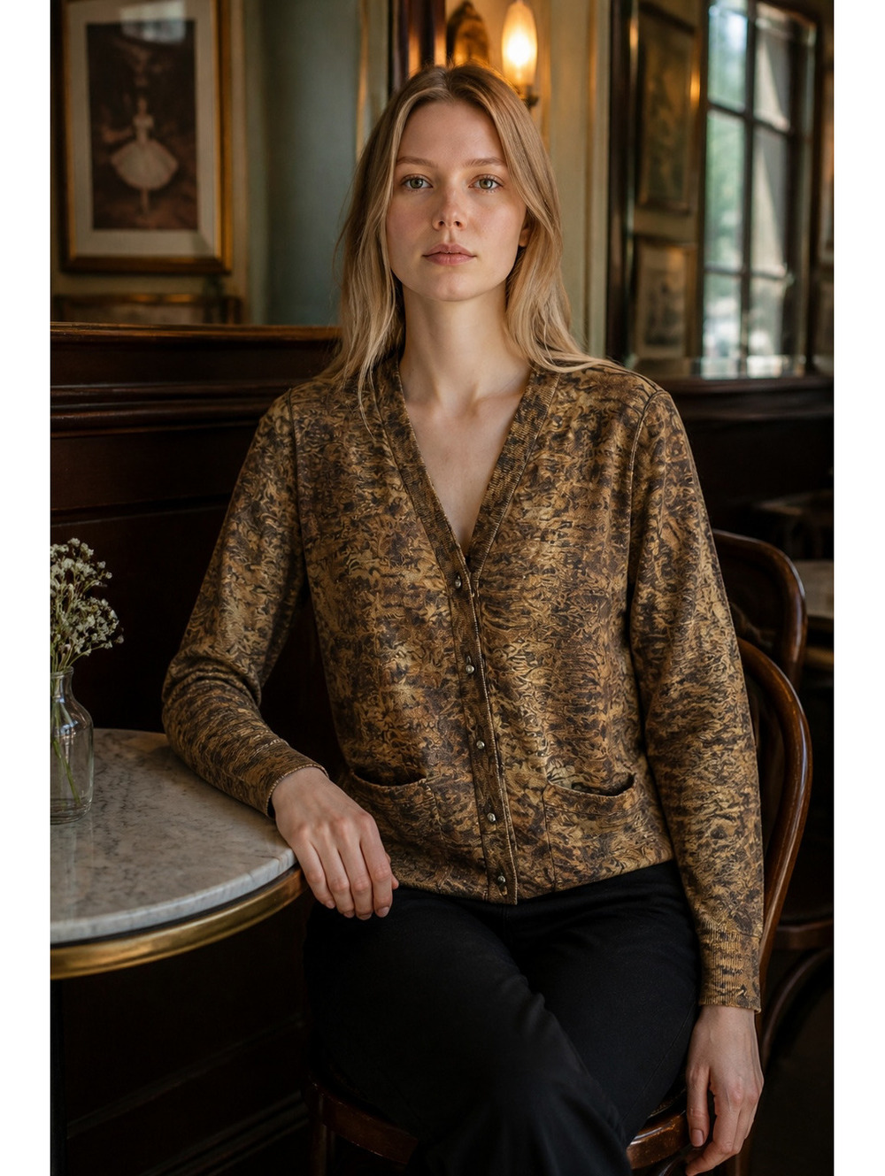 Oscar de la Renta Brown Patterned Cardigan - Size Small